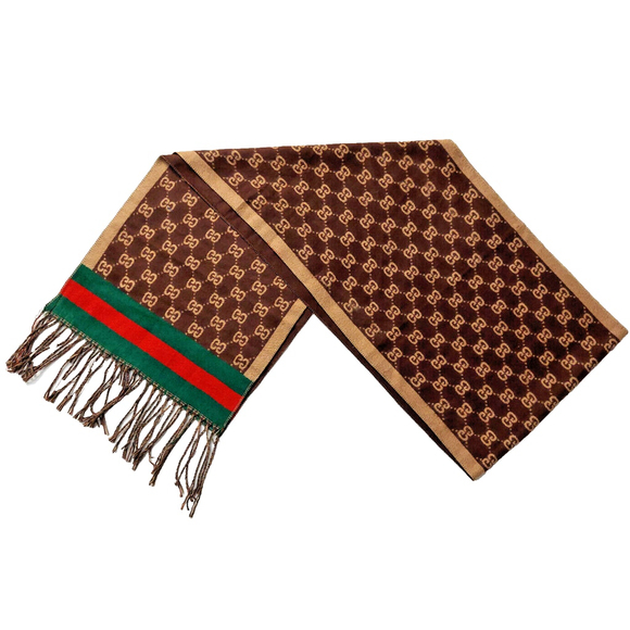 Gucci Brown & Tan GG Print w/ Green & Red Stripes Reversible Scarf Pre-owned - Picture 2 of 16